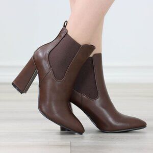Womens Pointed Toe Elastic Ankle Boots Block High Heel Brown Synthetic Leather